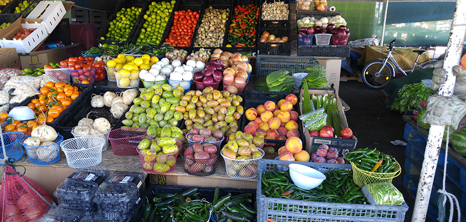 Carrito de mercado cargado de frutas y verduras. Está en Ecodukatoys.